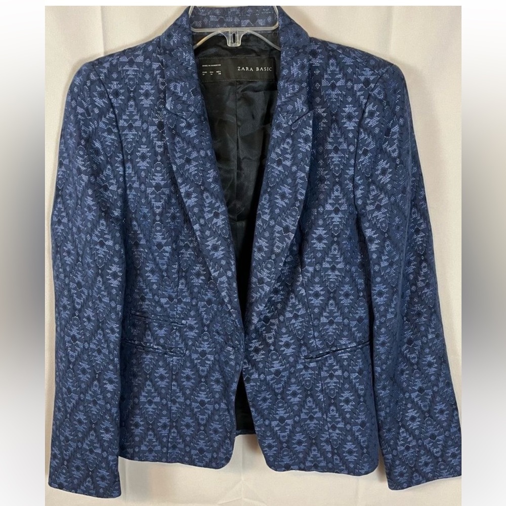 ZARA Basic Women’s Blue Ornate Patterned Diamond Blazer Jacket Size M